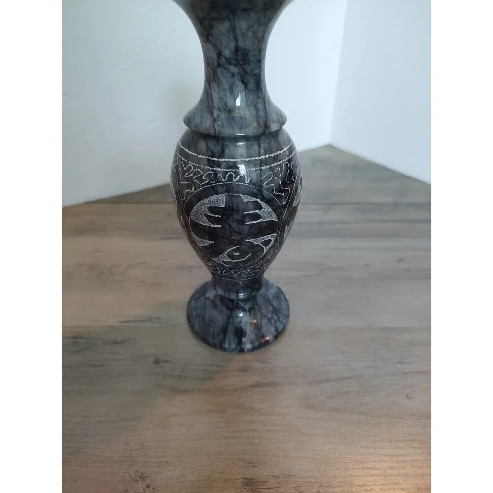 Four Blessings Vase Collectible Black & Grey Marble Carved Chinese Art EUC 8